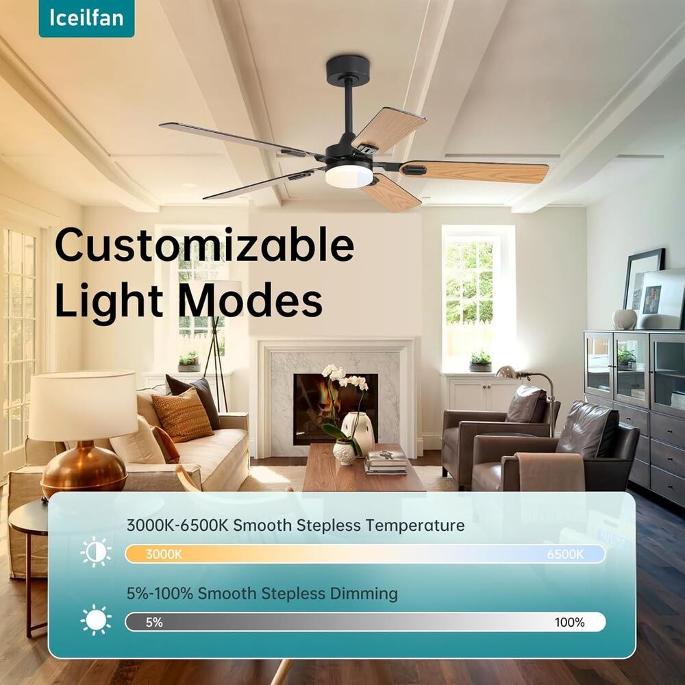 Black 52 Inch Ceiling Fans With Lights, Modern Double-Sided Fan Blade Dimmable - Picture 3 of 6